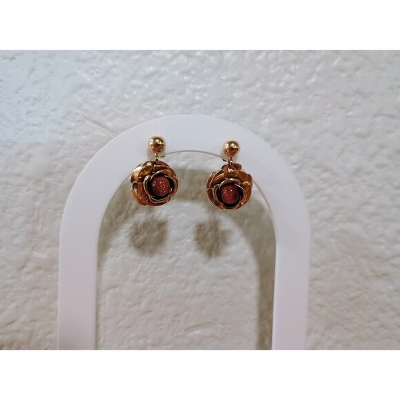 Vintage Unsigned Red Rose Gold Tone Stud Dangle Earrings - Picture 2 of 4